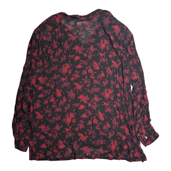 Vtg 1990s Elisabeth Black Red Floral Print Chiffon Collared Button Up Blouse 22 - Picture 2 of 4